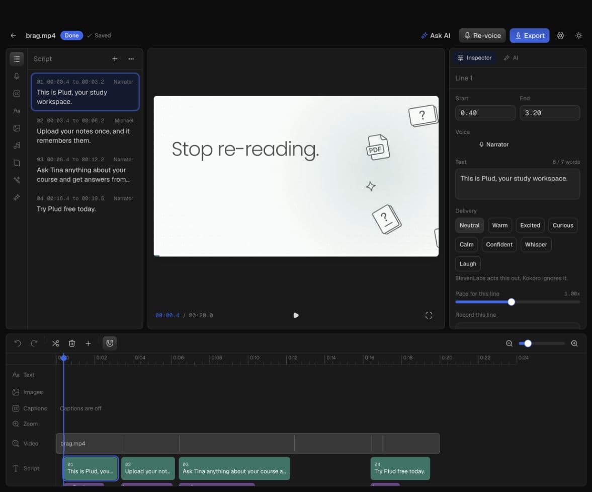 Actual Clipdio editor showing a script, video preview, inspector, and timeline